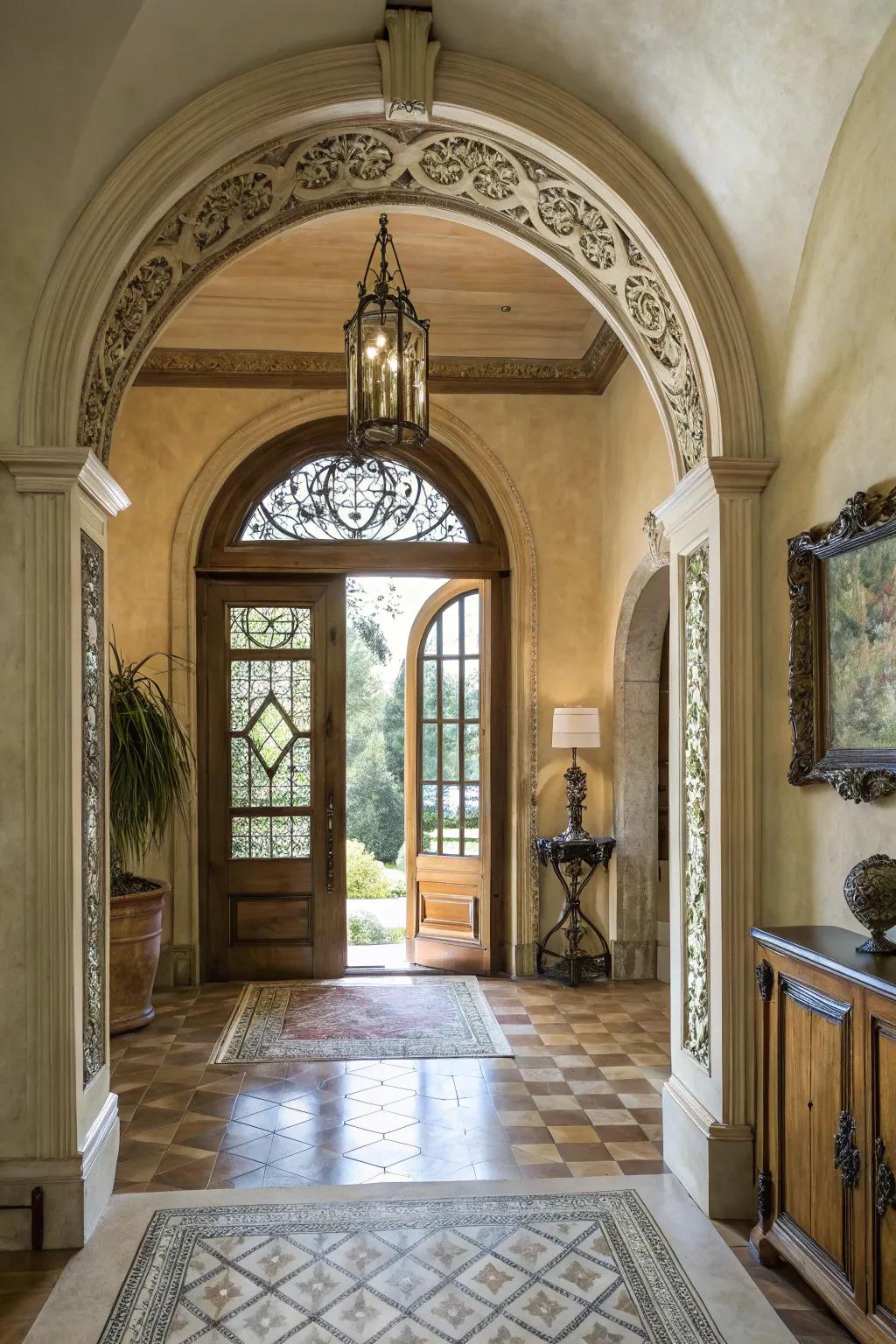 Unique doorways have the power to enhance the architectural attractiveness of a foyer.