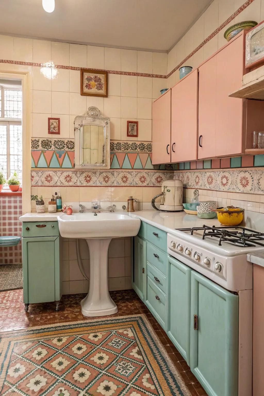 A throwback-inspired kitchen with eye-catching fixtures complementing a freestanding sink.