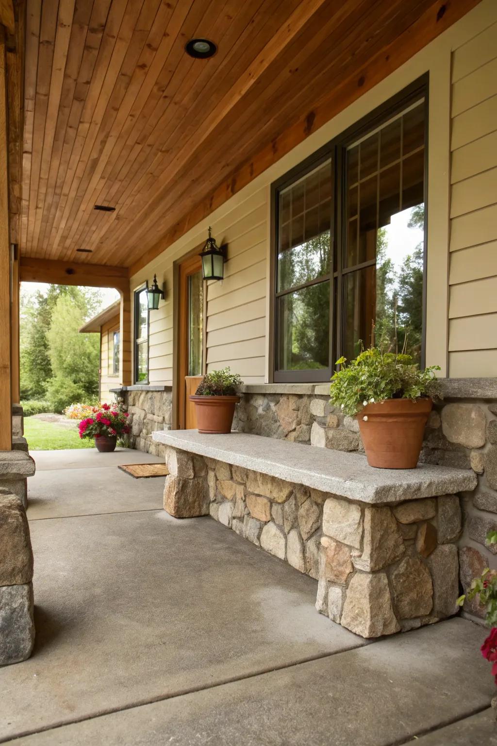 A natural stone base gives this bench an earthy and grounded sensation.