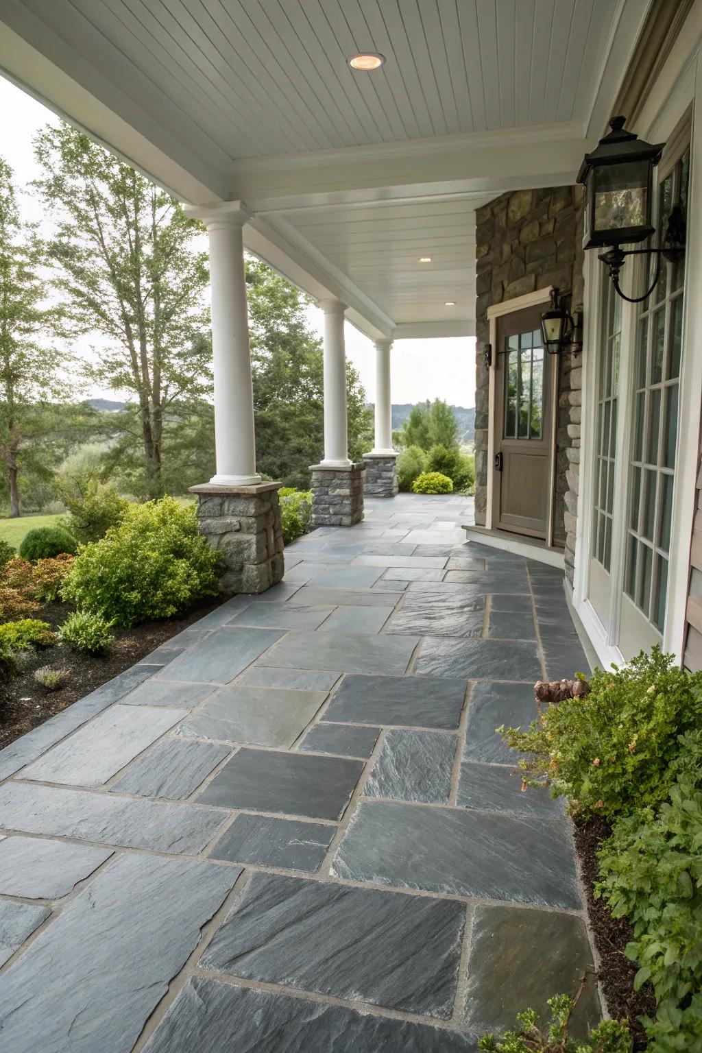 Slate flooring provides an upscale and sophisticated porch appearance.