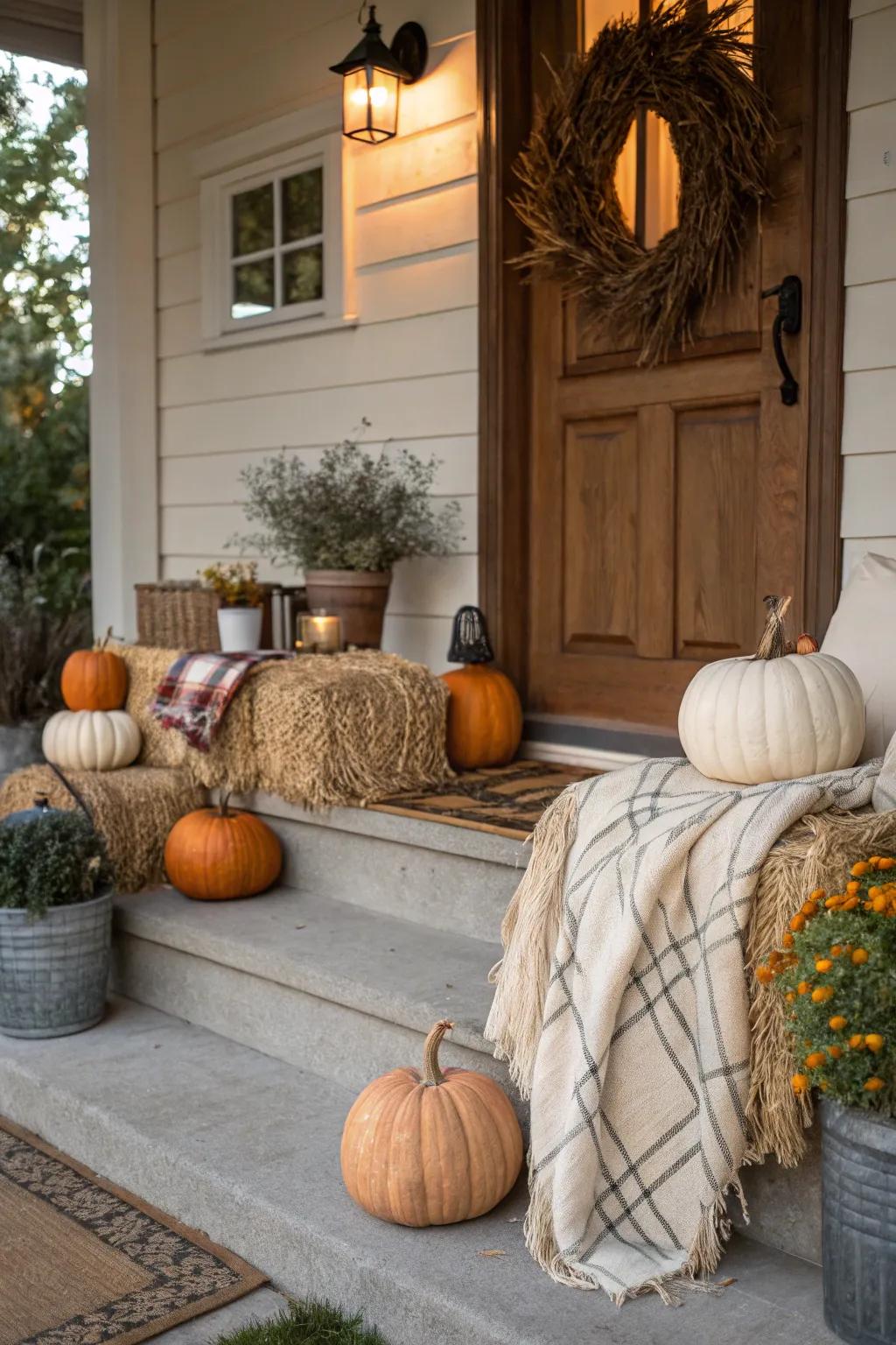 Layered surfaces contribute depth and coziness to pumpkin displays.