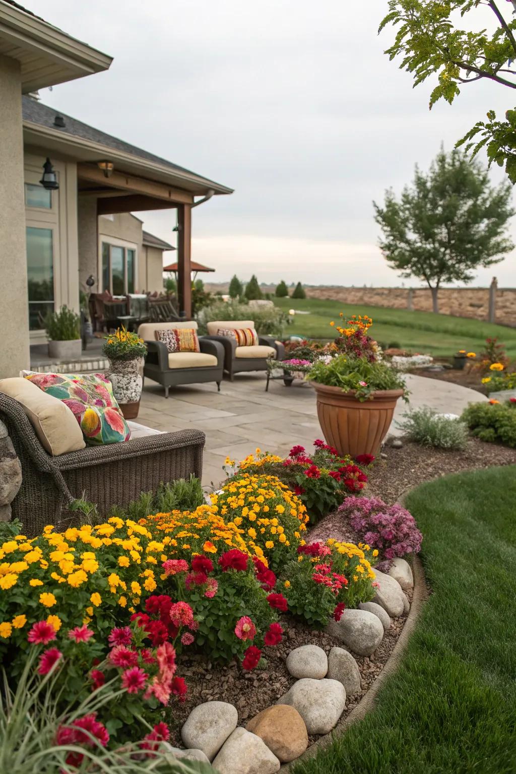 Create a cozy seating space to enjoy your flower beds.