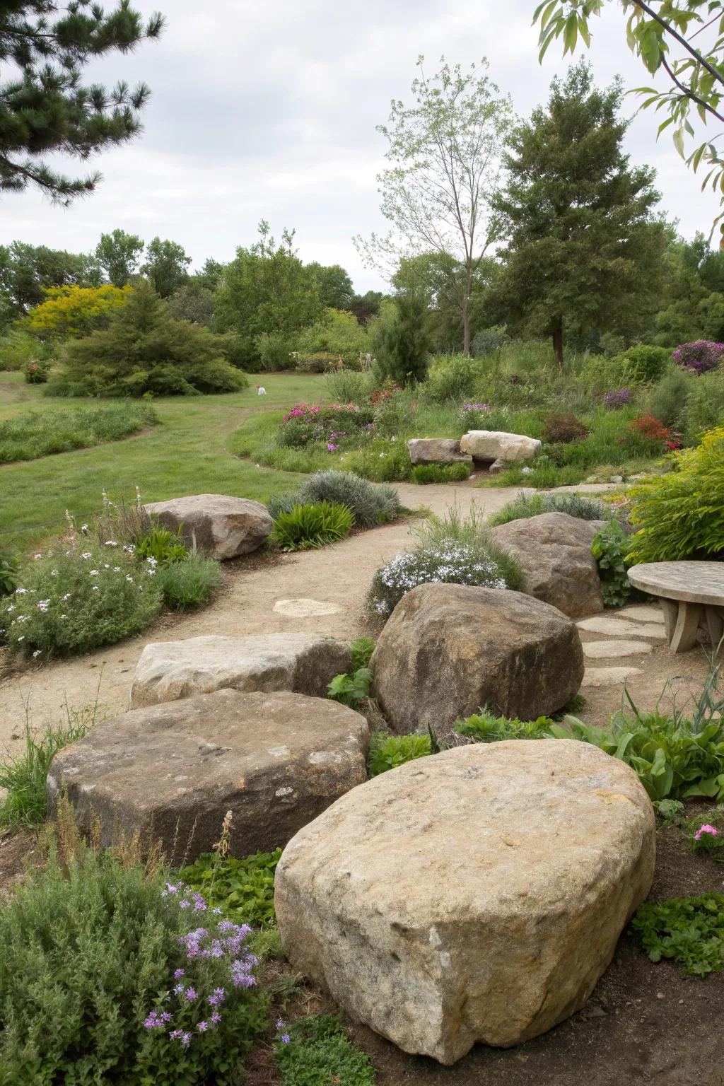Natural seating with flat stones welcomes relaxation.