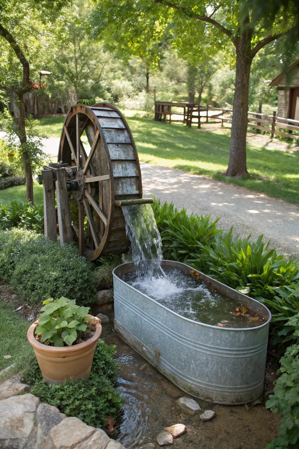 A small water wheel adding movement to a countryside trough fountain.