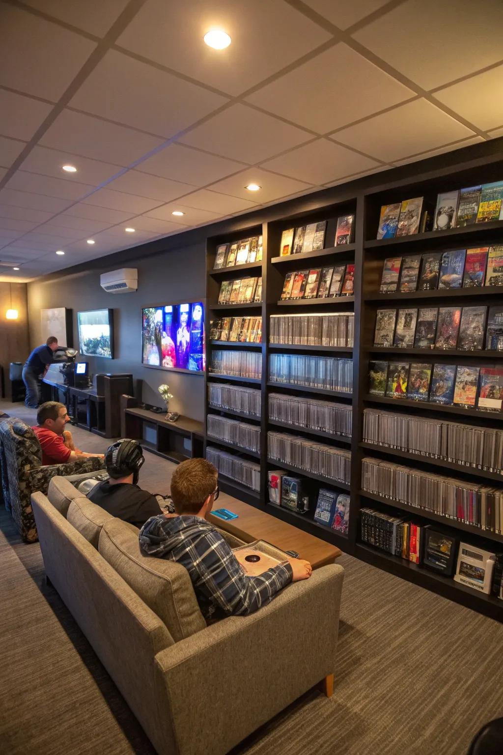 A gaming library wall displaying a neatly organized game collection.