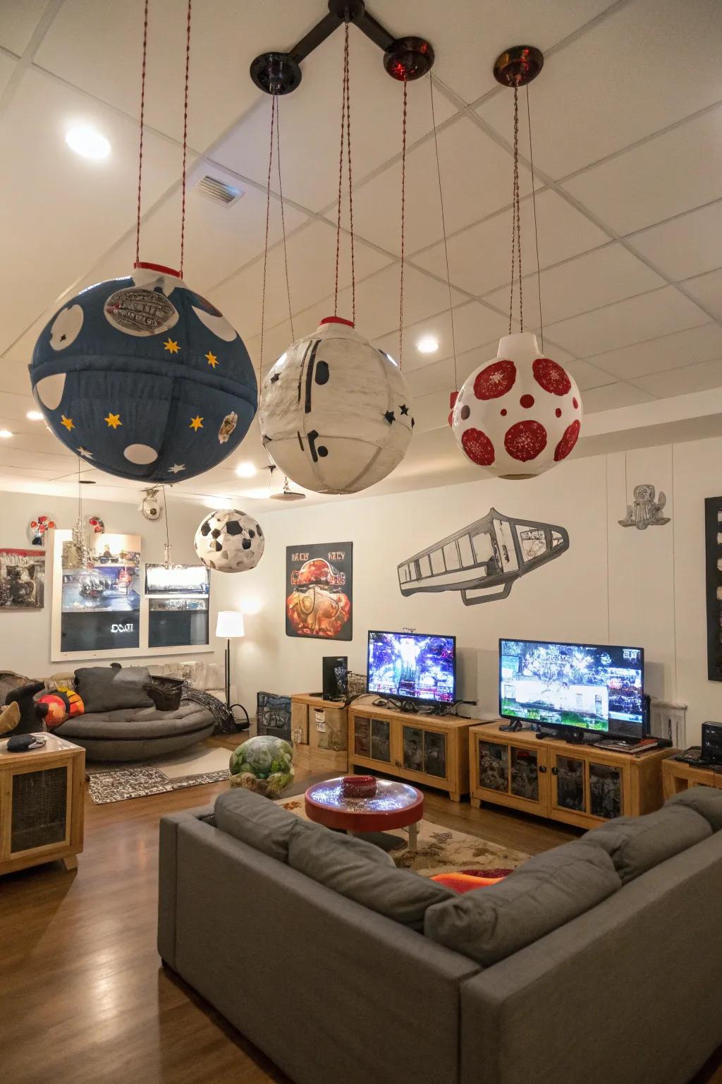 Ceiling mobiles add movement and a playful touch.