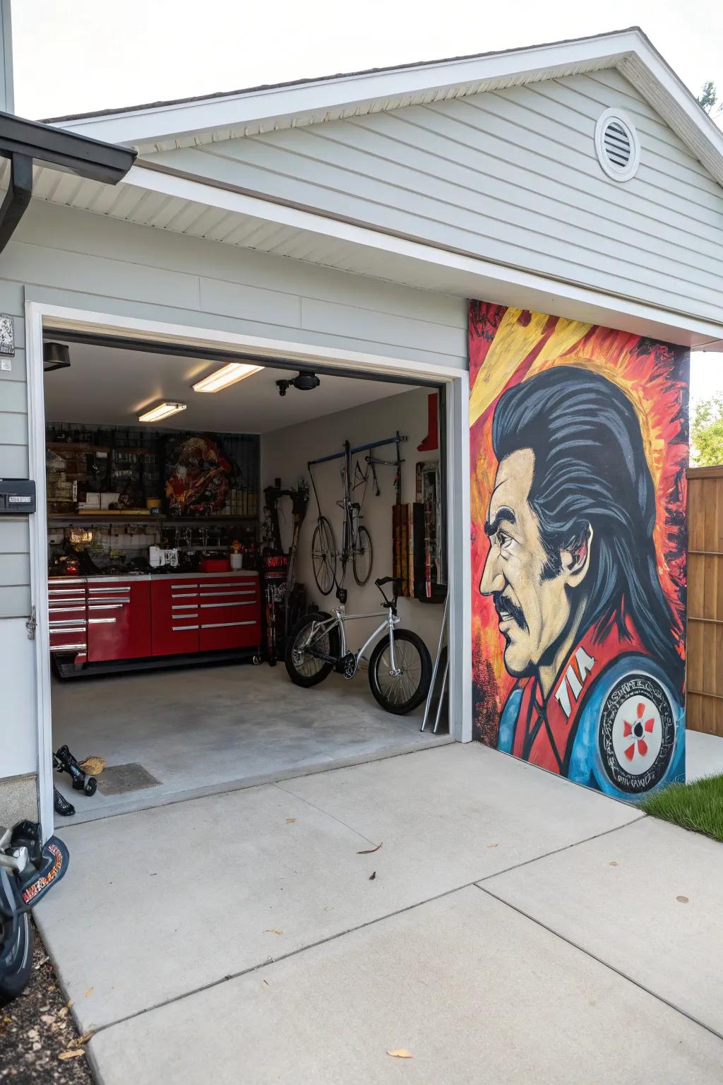 Custom wall designs personalize and brighten up the garage area.