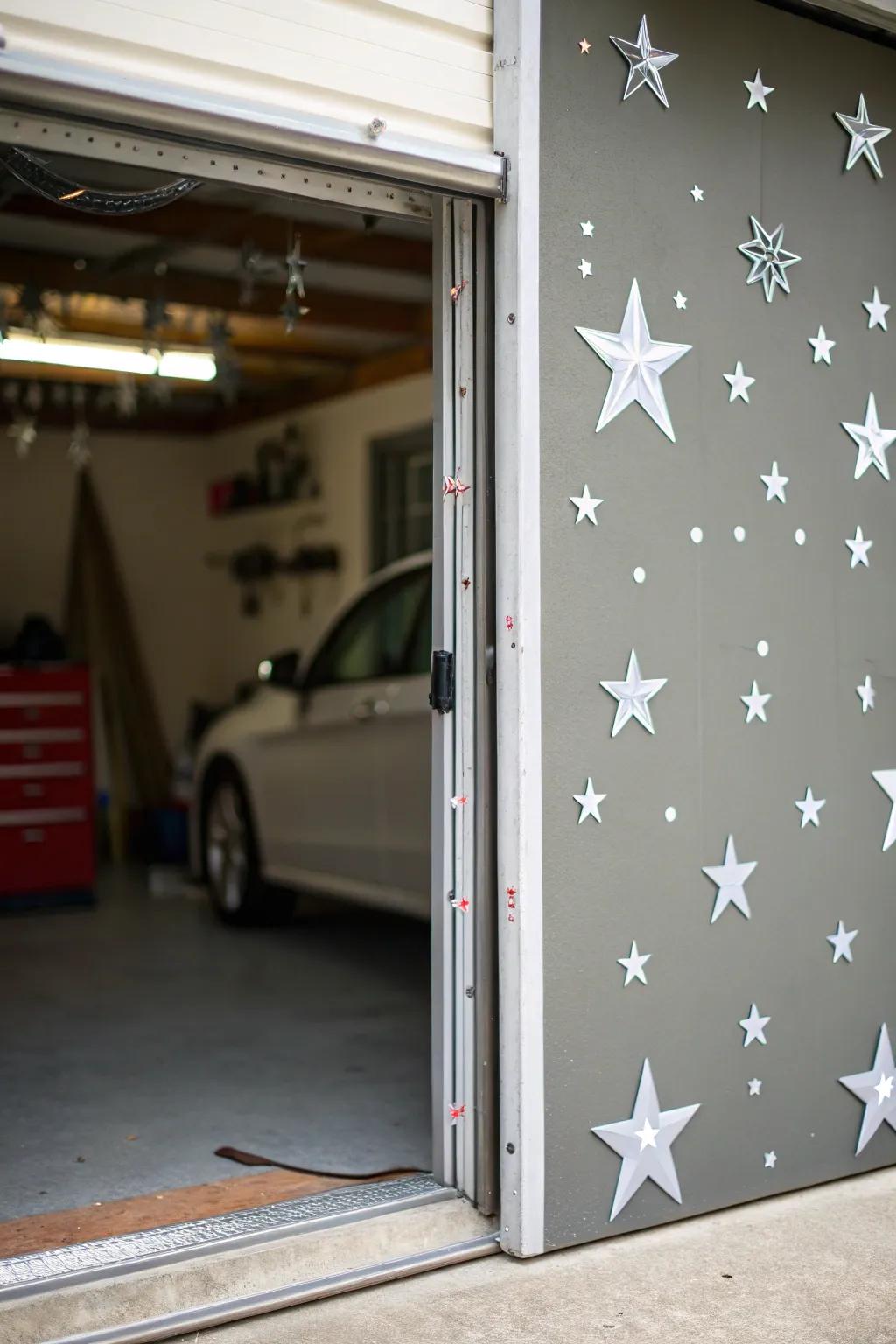 Garage door with minimalist silver star decals.