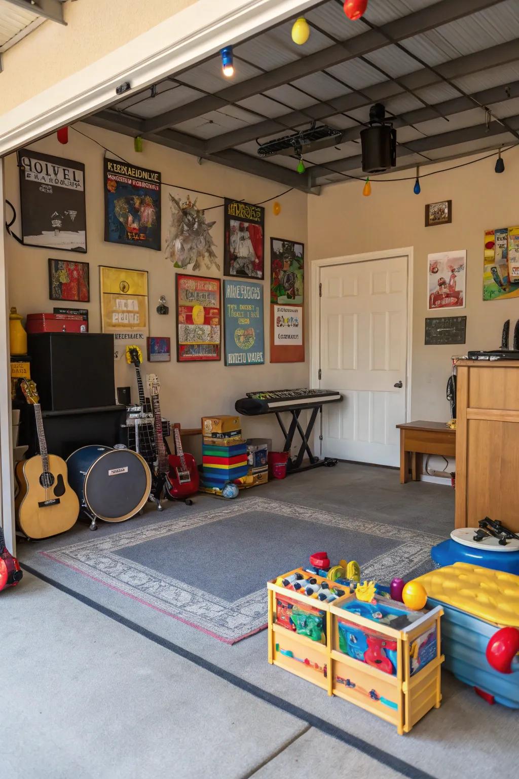 A multipurpose garage that functions as a playroom and a music studio.