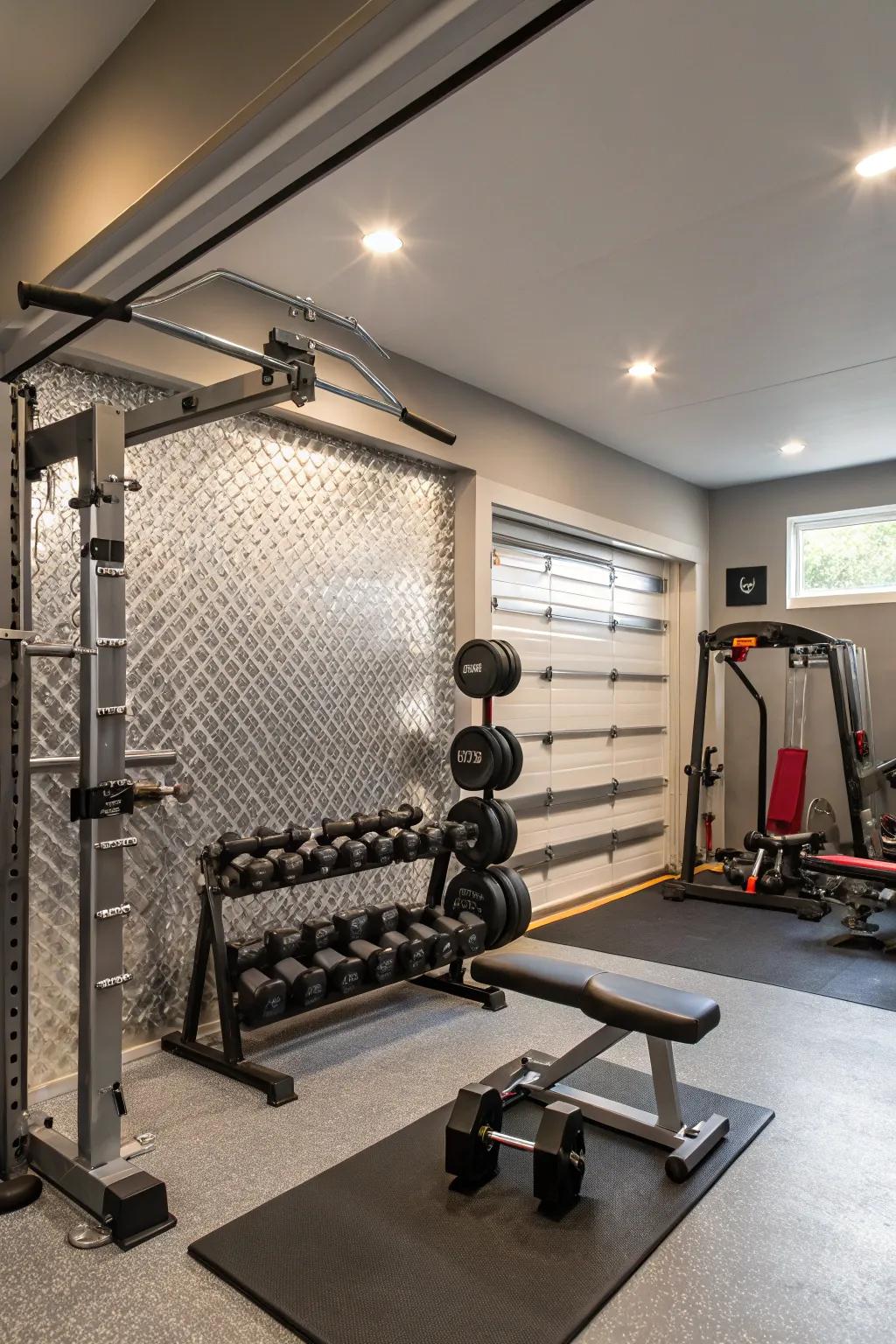Metallic accents incorporate a luxurious touch to your exercise area.