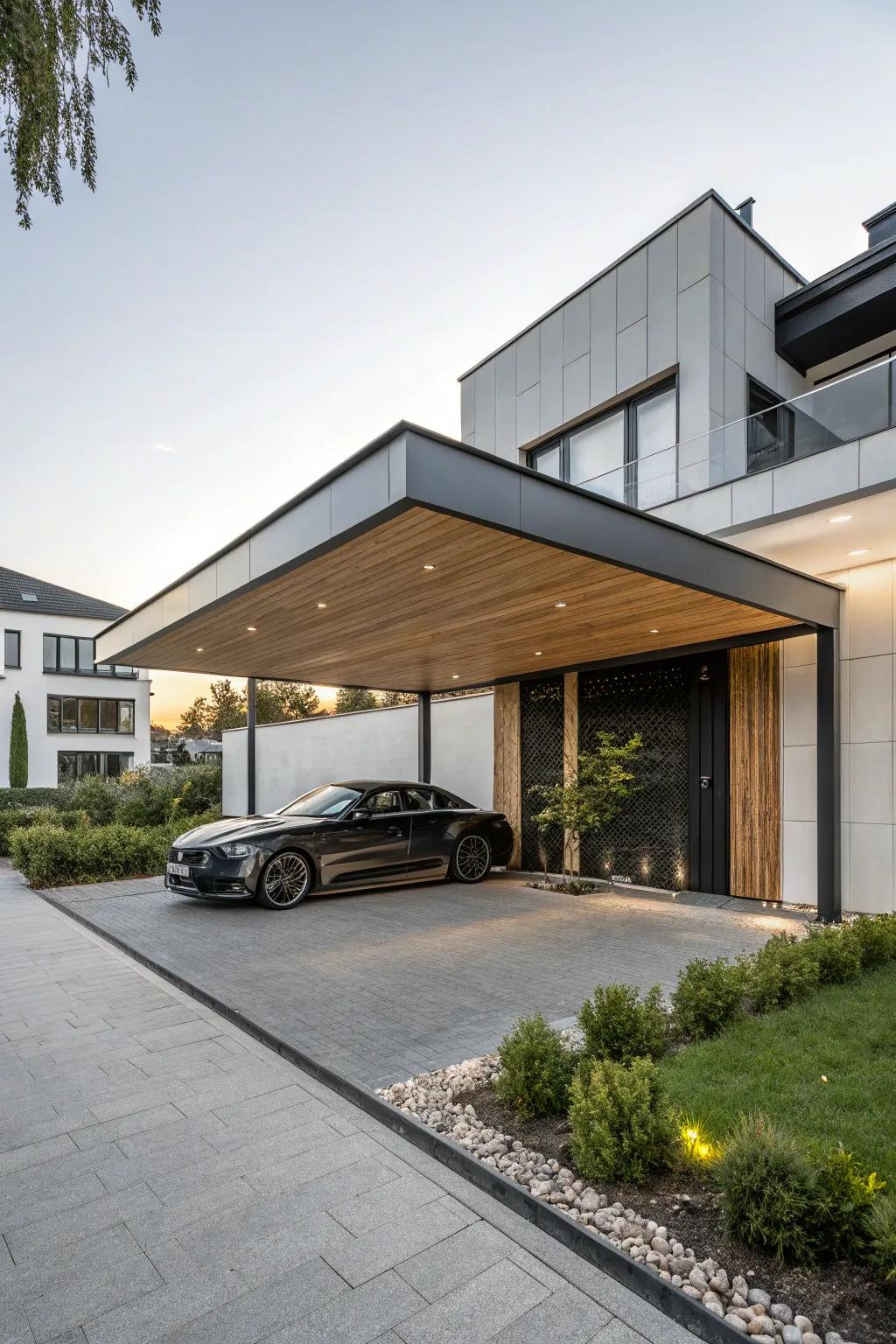 A contemporary cantilever extension adds bold style to the garage.