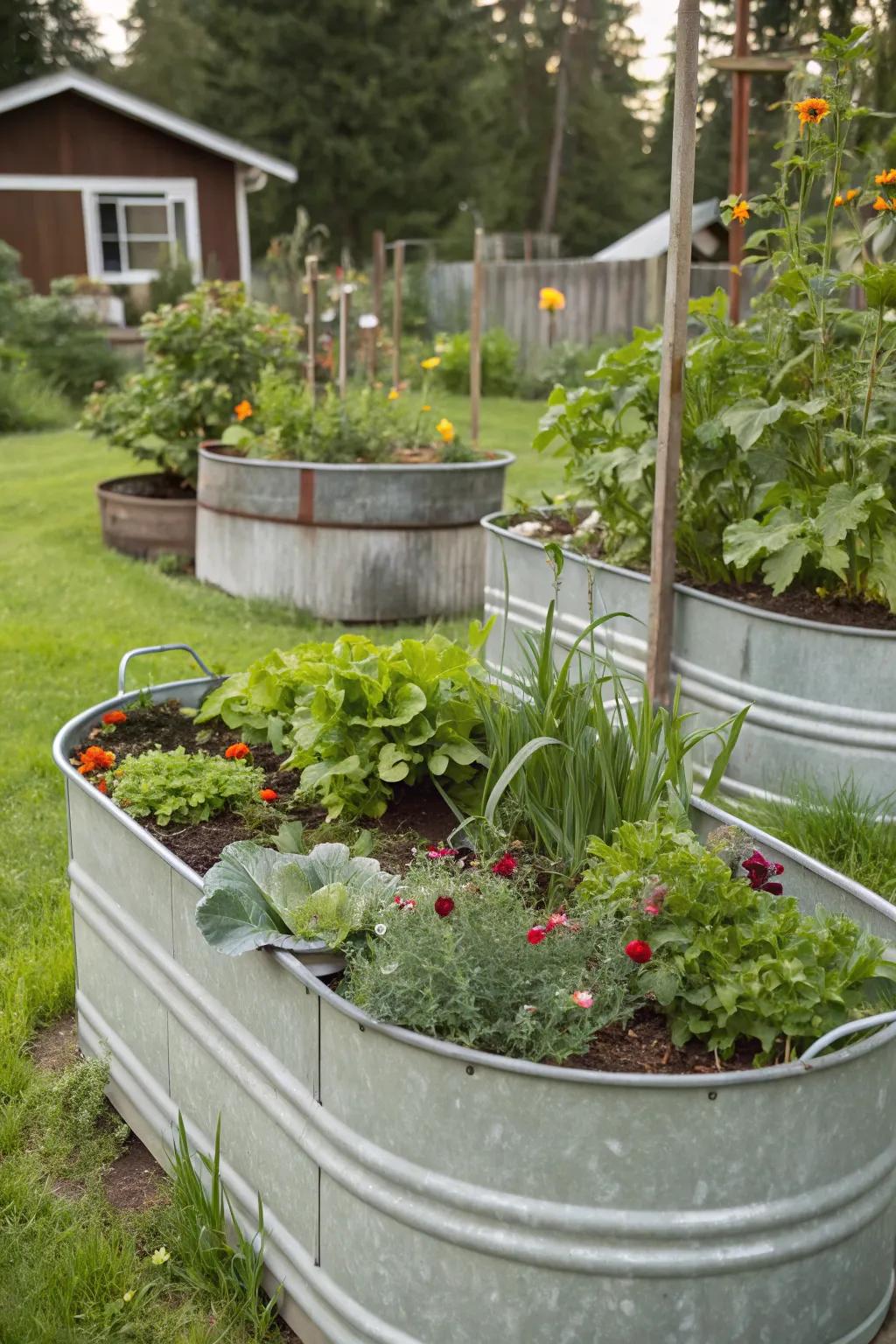 Storage containers repurposed as elevated garden beds.