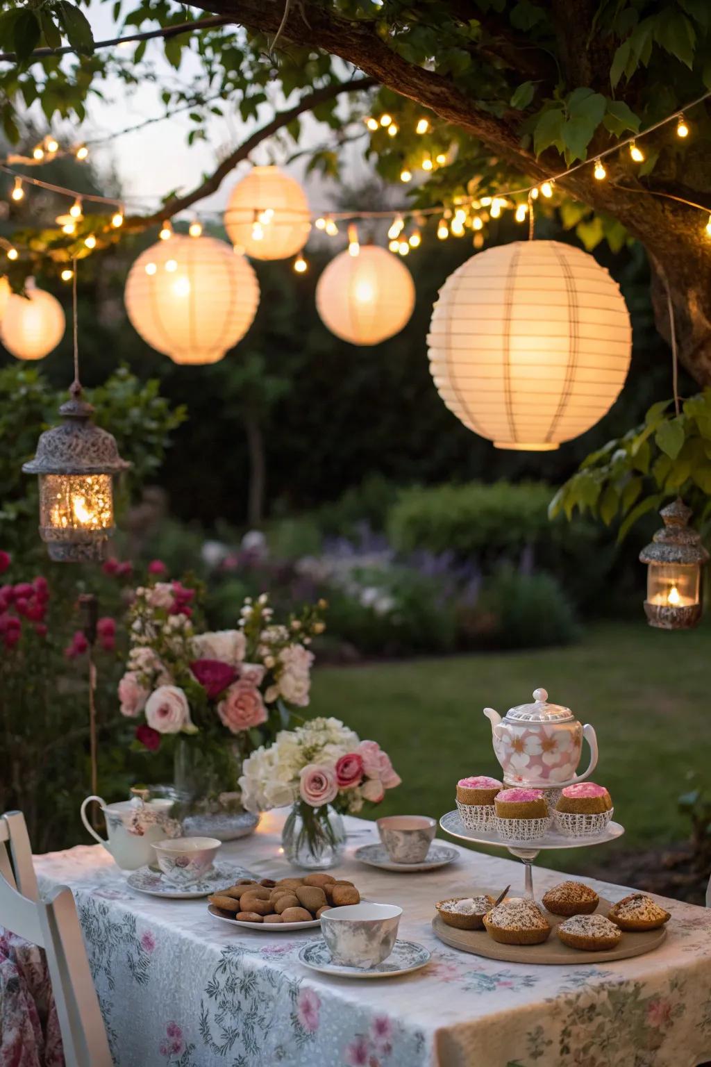 Twinkling lights add a magical nuance to the garden as the sun sets.