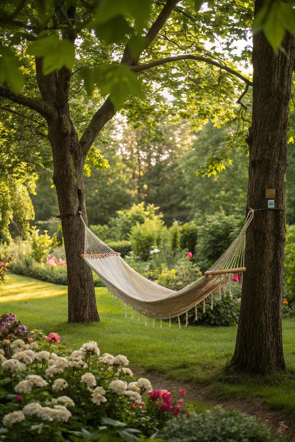 A serene hammock slung between garden trees, inviting peaceful relaxation.