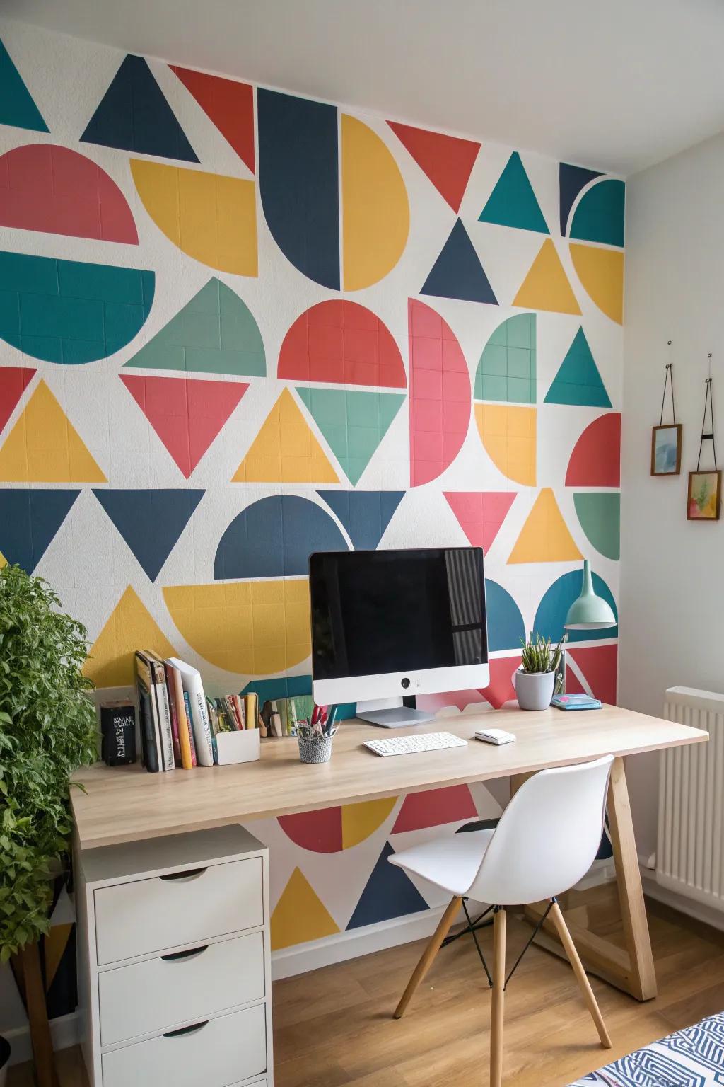 A home office featuring an eclectic mix of geometric shapes on the wall.