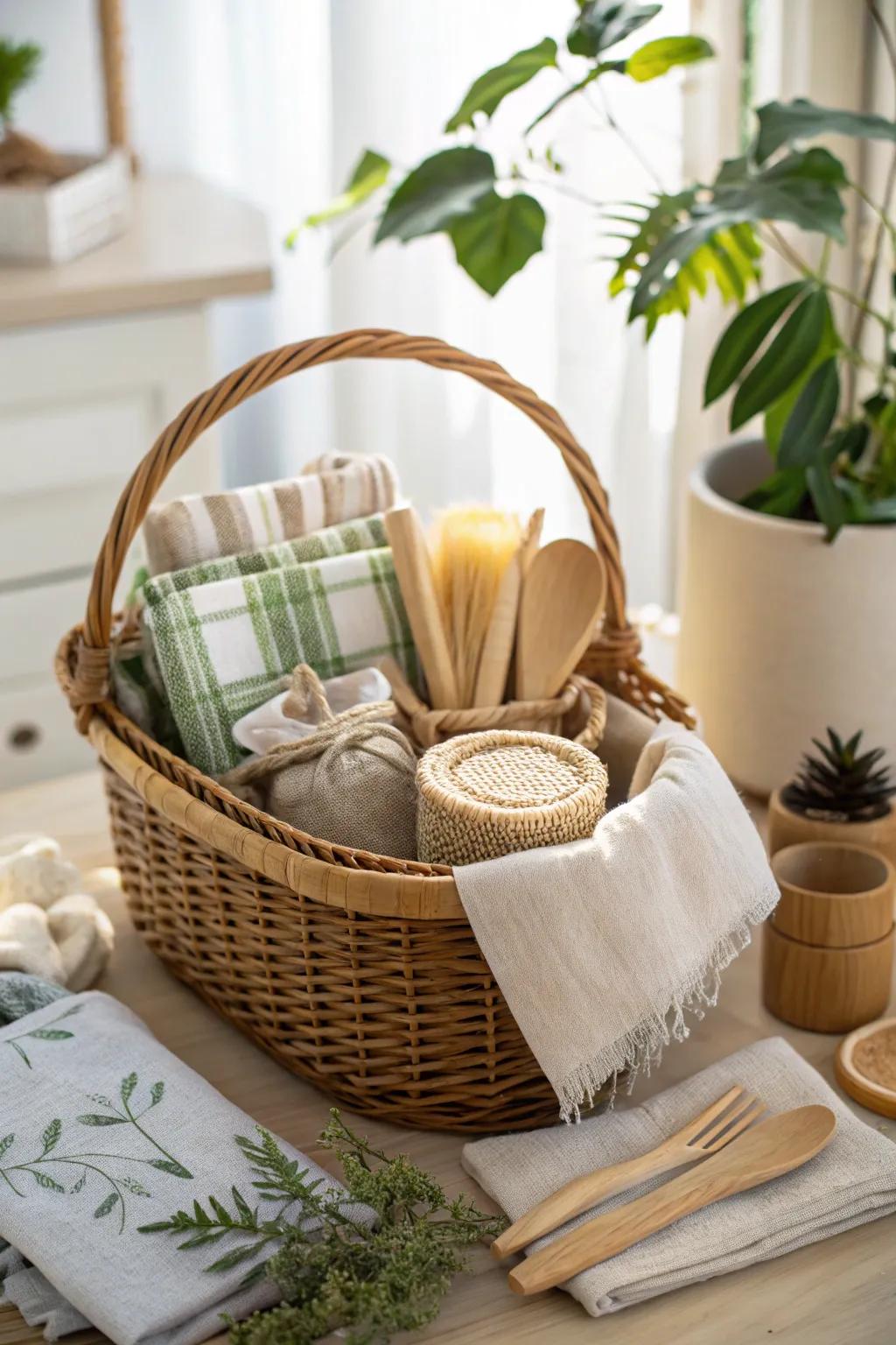 An eco-friendly gift basket featuring sustainable elegance.