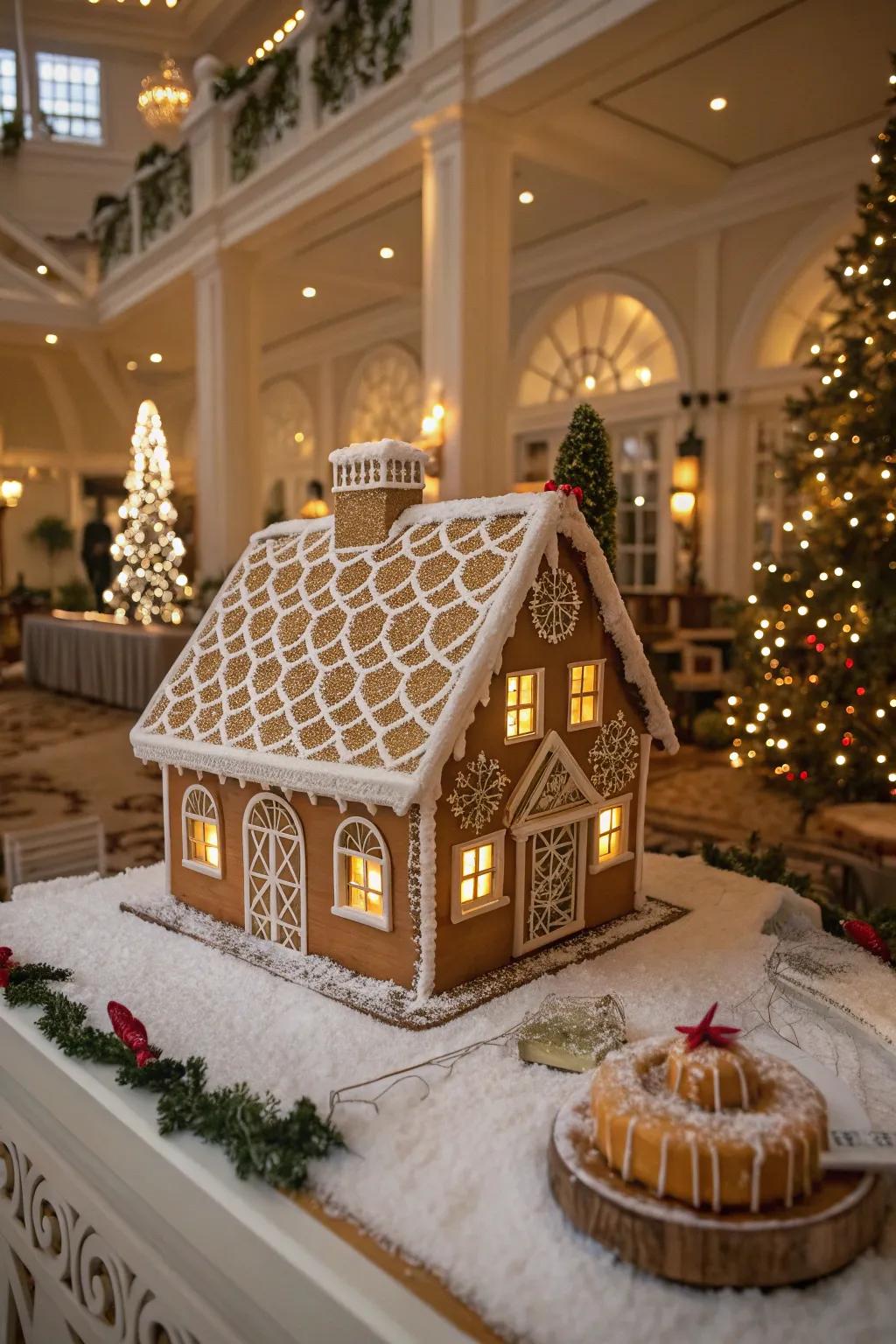 Regal frosting patterns bring sophistication and detail to gingerbread roofs.