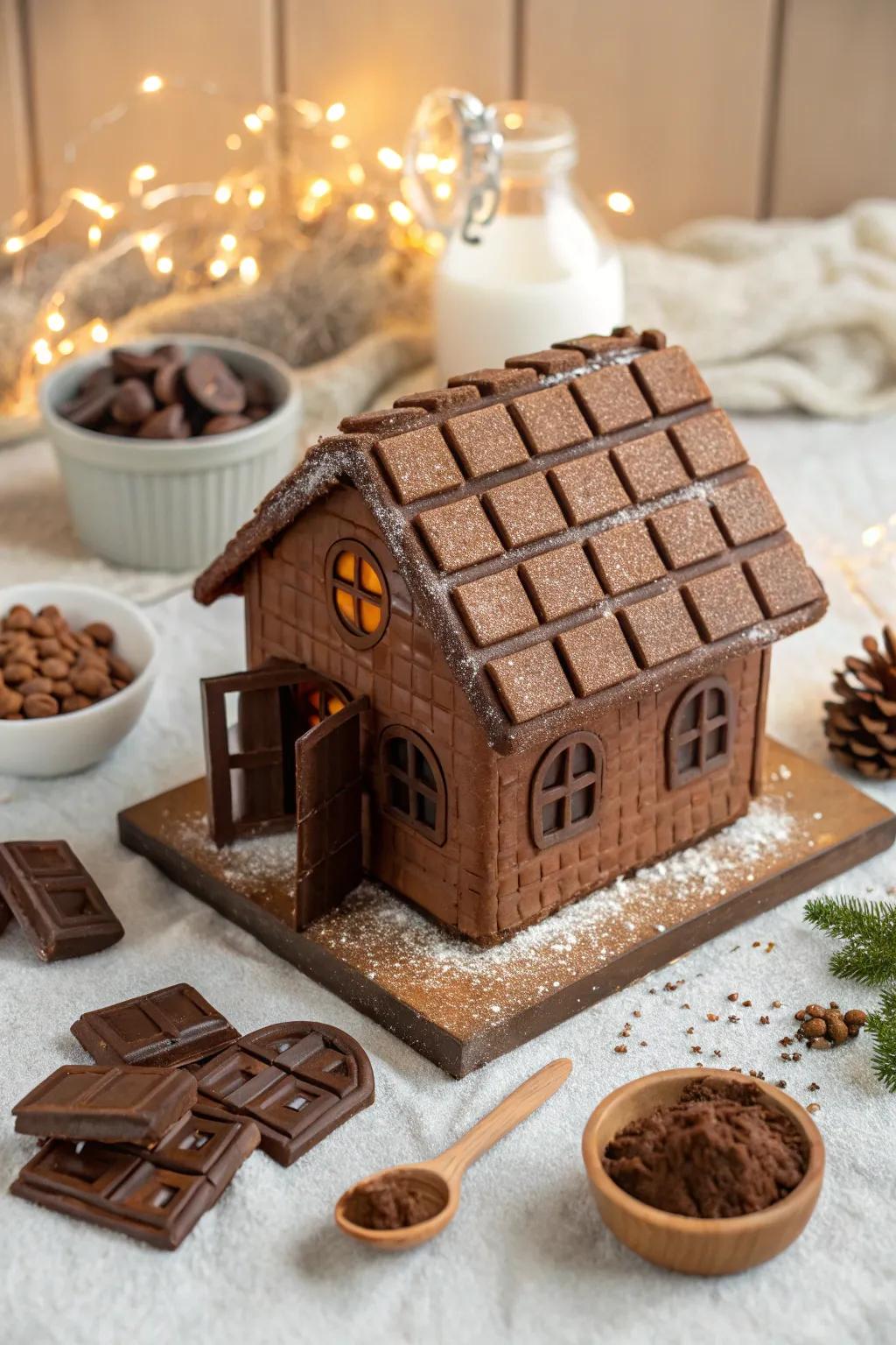 A gingerbread rooftop constructed with cacao bar bricks.