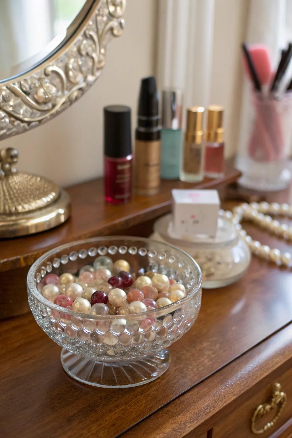 Sparkling elegance through glass beads within a glass bowl.