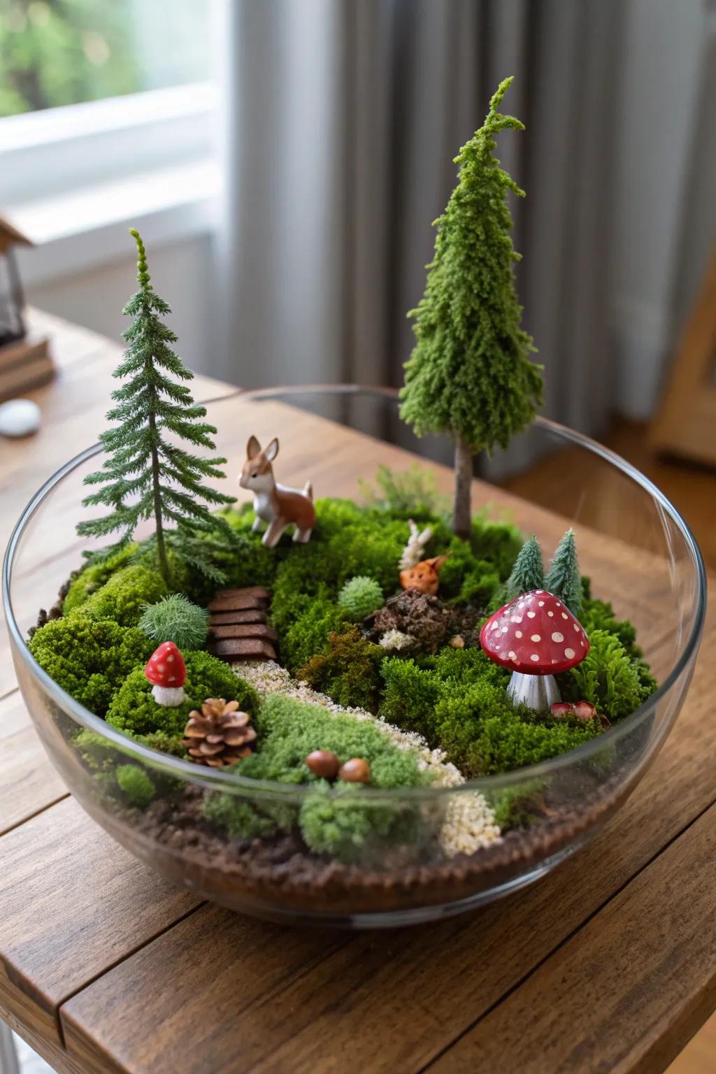 A woodland fantasy panorama nestled within a clear vessel.