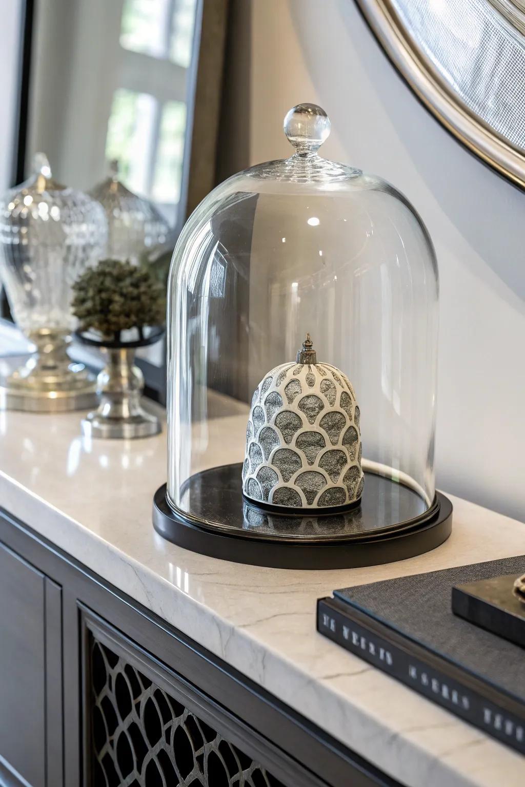A minimalist display screen with a modern sculpture under a glass dome.