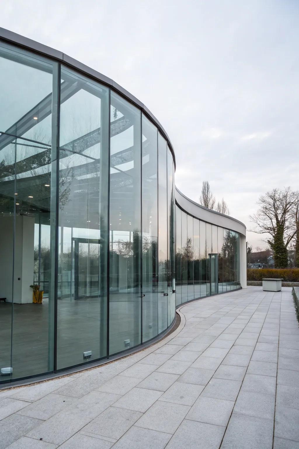 Bent glass that enhances contemporary architectural design.