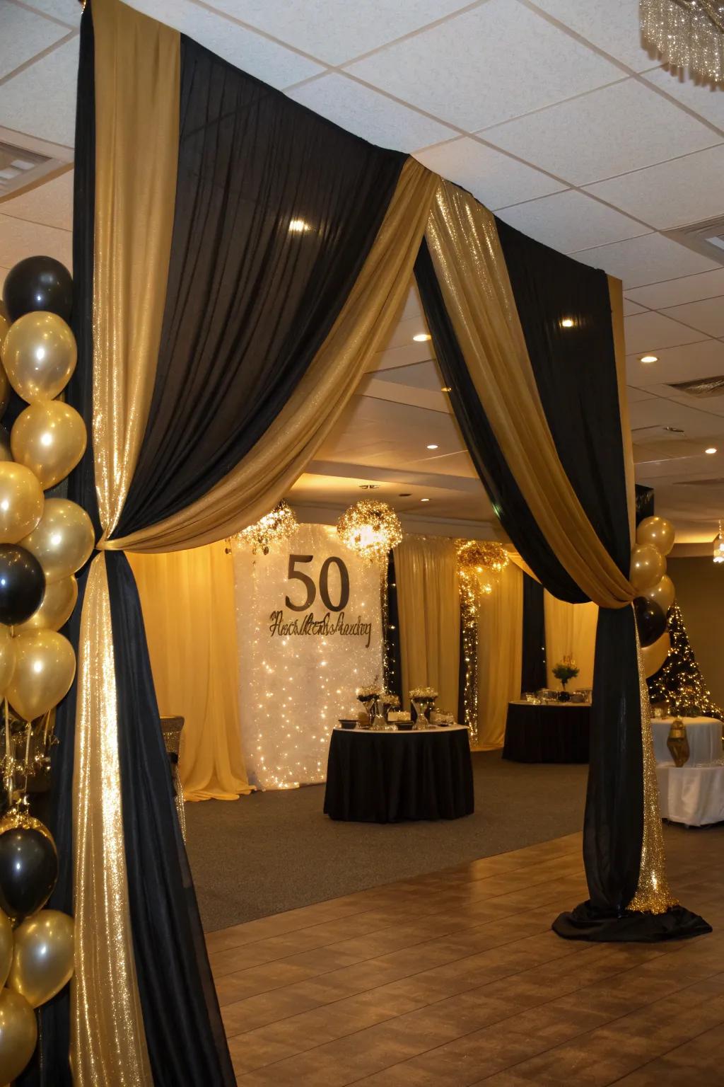 Gold and black drapes contribute elegance and drama to the venue.