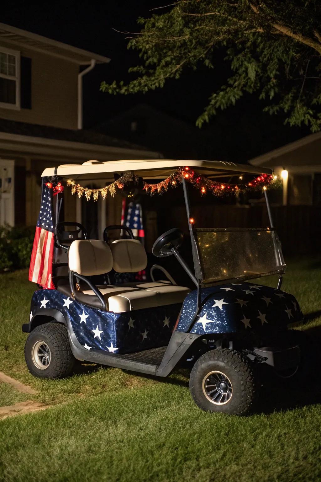 A golf cart that captures the essence of a starry winter night.