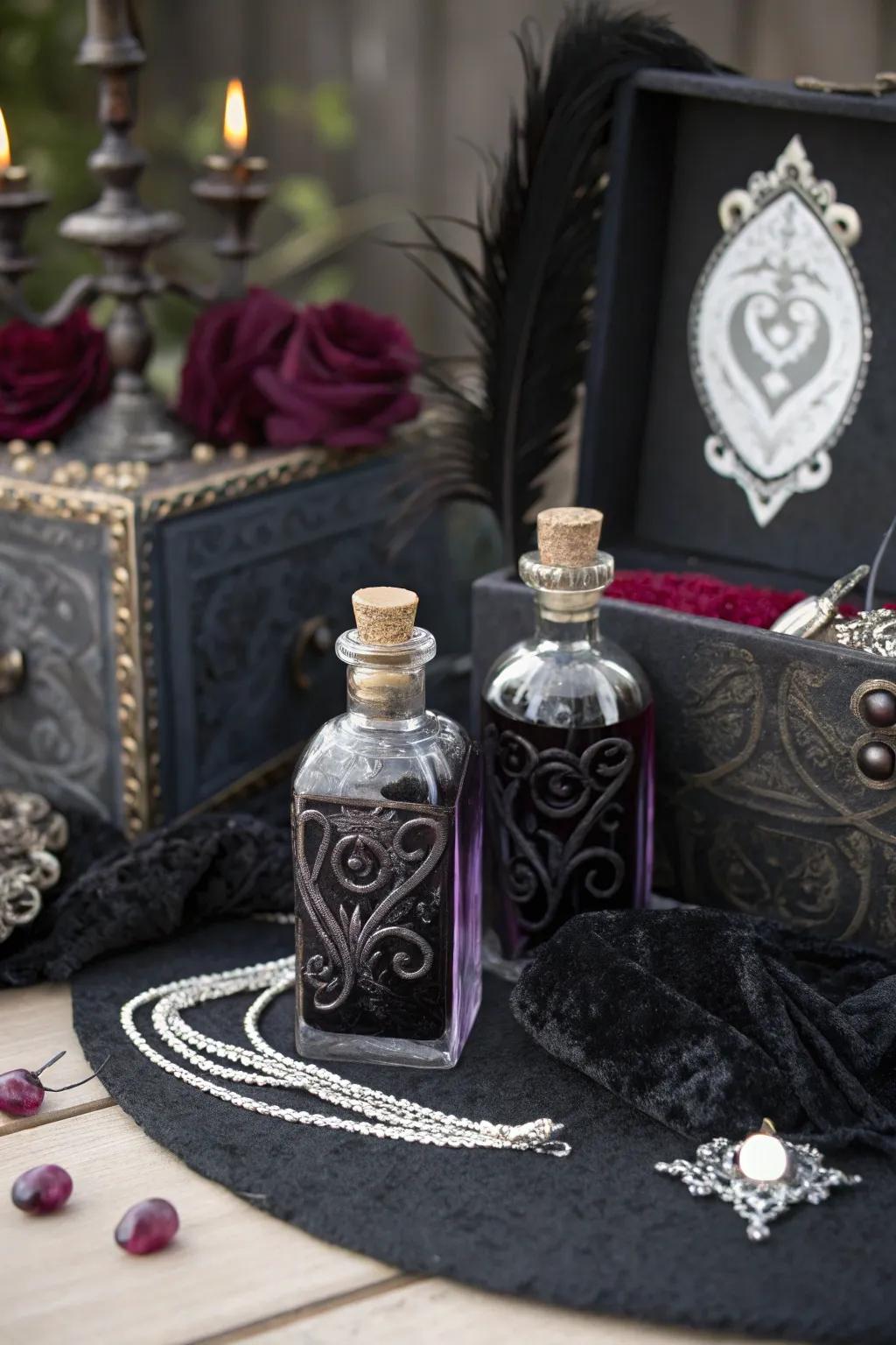 Gothic wedding mementos showcasing love elixir containers.