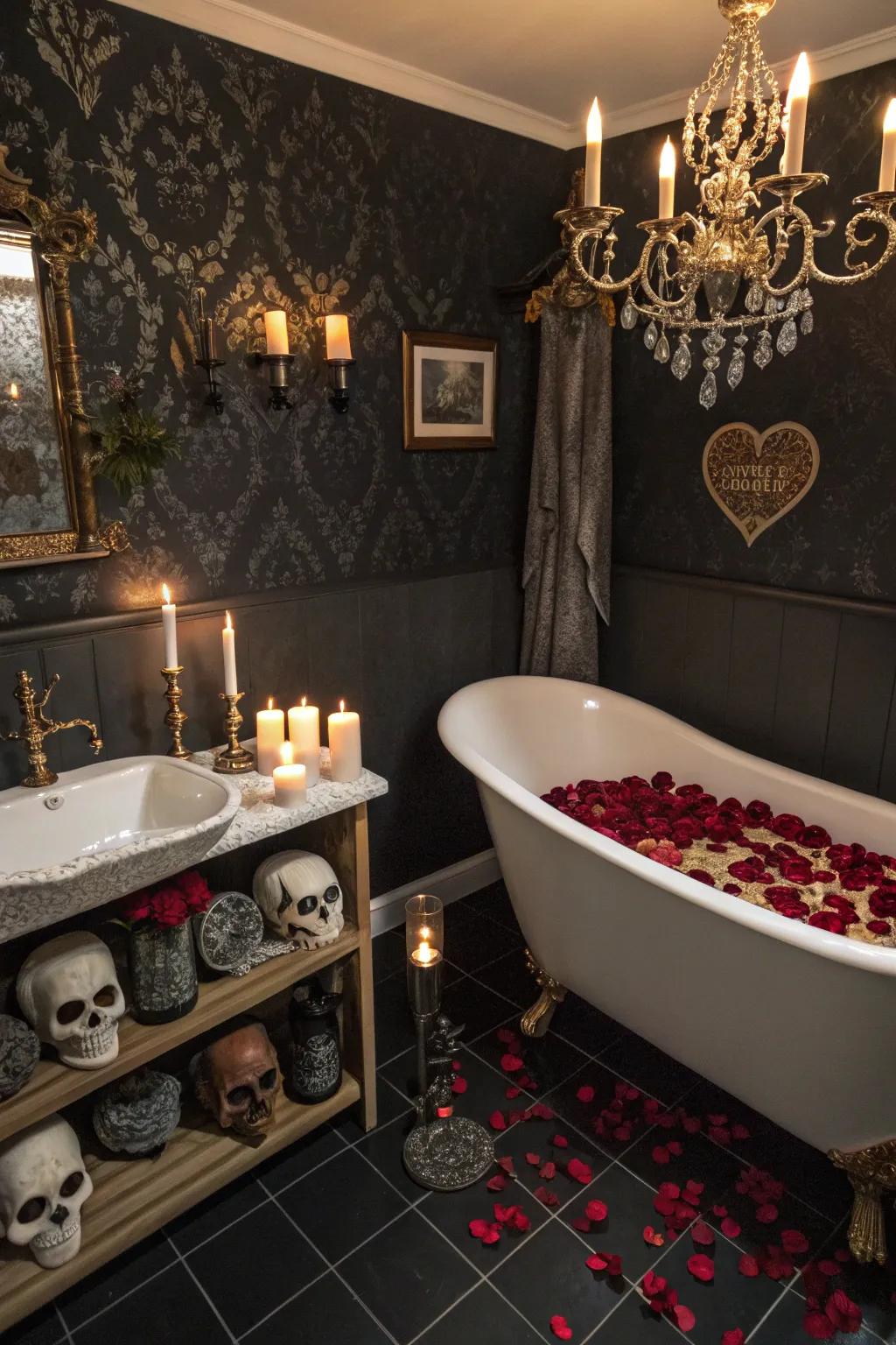 Gothic decorations add personality and style to the bathroom.