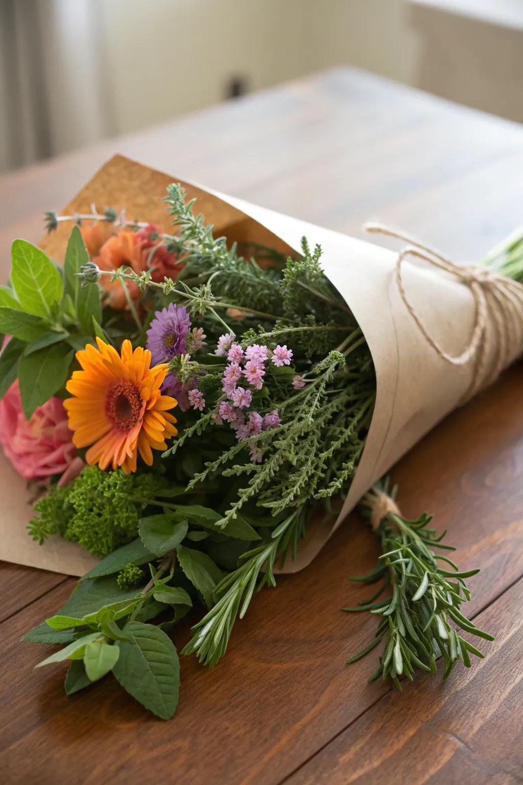 A refreshing herb and floral arrangement for a fragrant celebration.