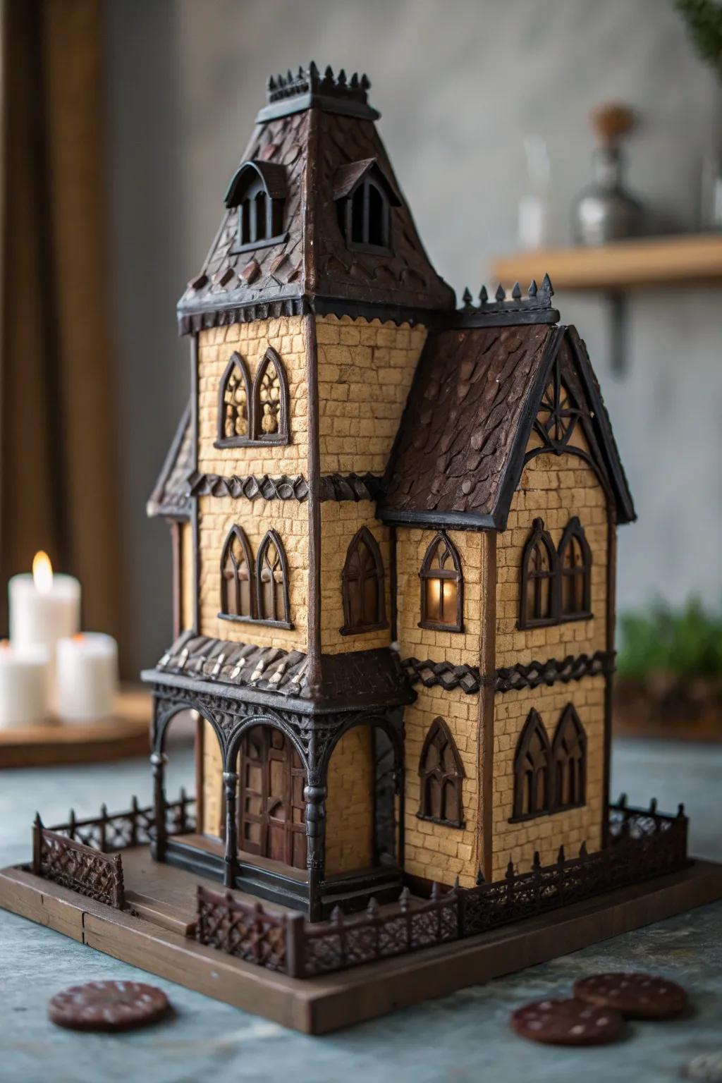 Gothic renewal gingerbread house displaying a mysterious elegance.