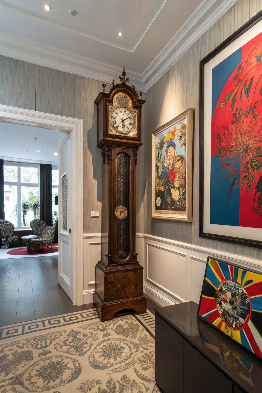 A tall case clock becomes an art piece with the addition of bold modern art.