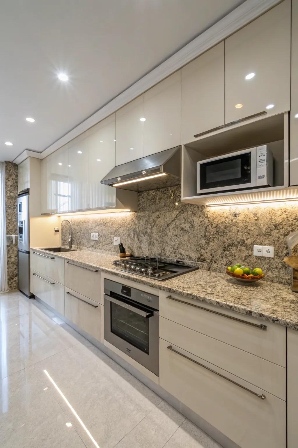 Matching granite backsplashes improve kitchen cohesion.