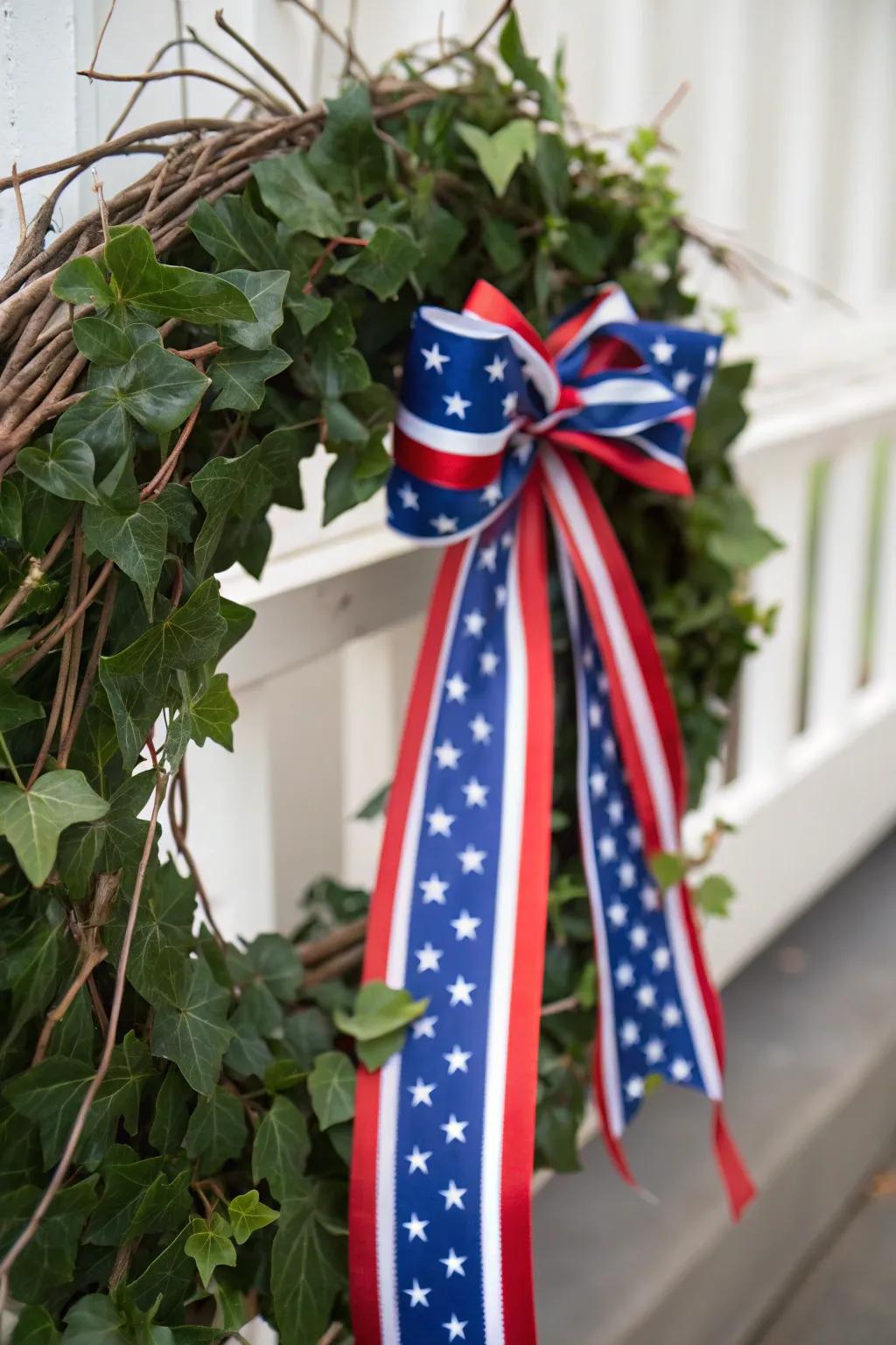 A patriotic-themed grapevine wreath featuring national colors.