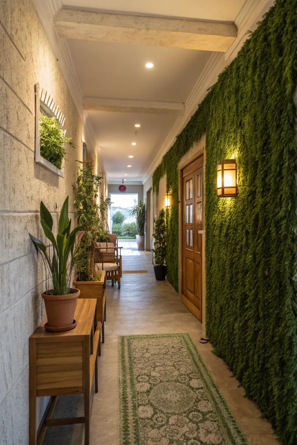 A grass wall incorporates warmth and individuality to a previously unadorned corridor.