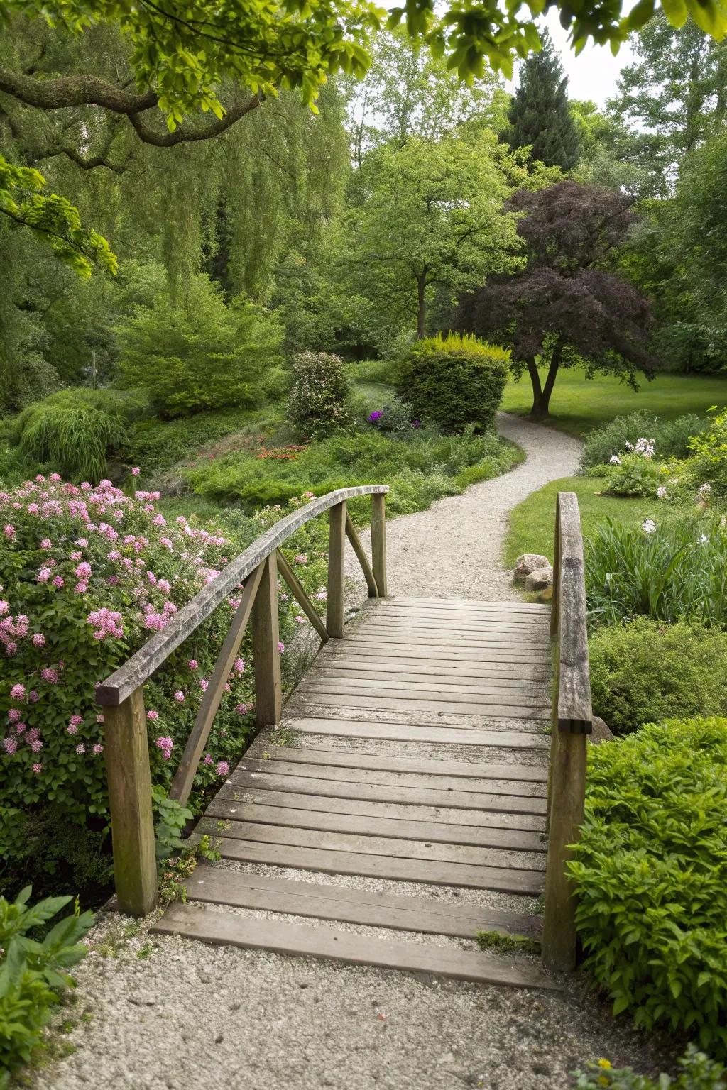 A quaint garden crossing over a crushed stone walkway
