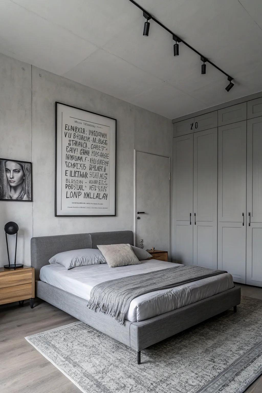 A monochrome gray bedroom highlighted by bold art.