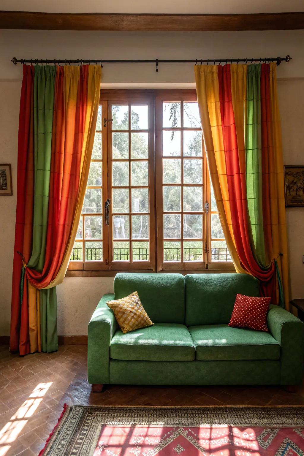 Striking window coverings create a dramatic and eye-catching impression in a room featuring a green couch.