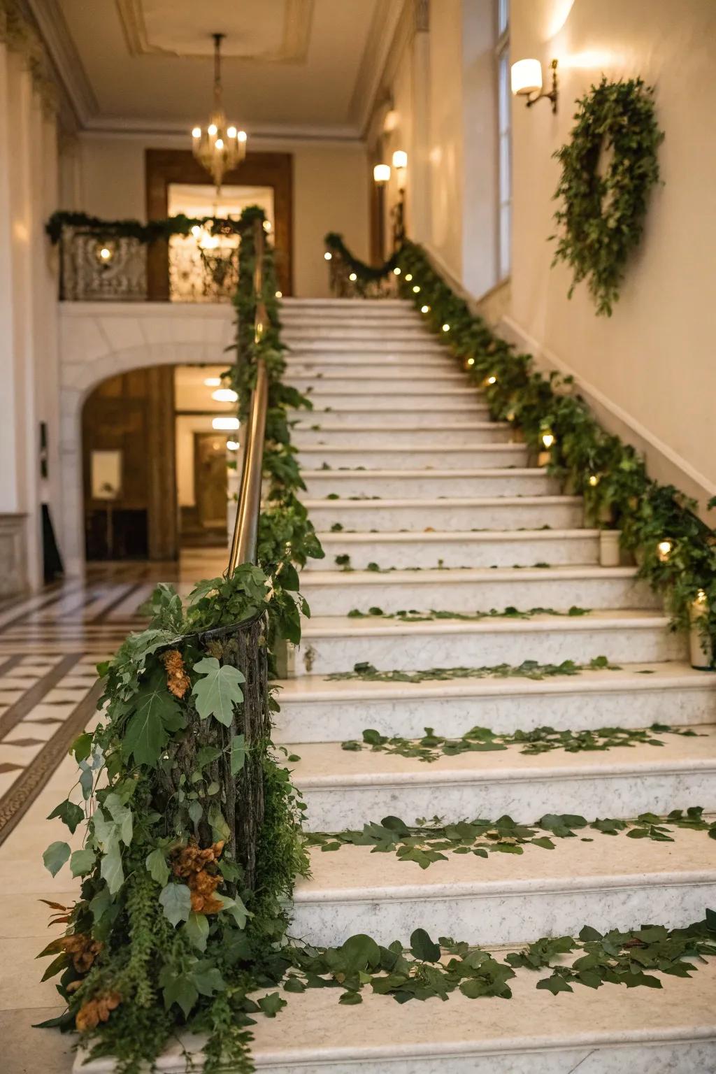 Foliage chains transform a stairway into a lush escape.