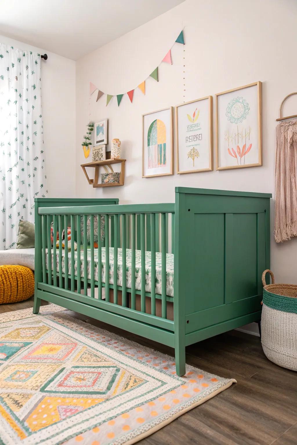 A statement crib in green makes a bold impact.