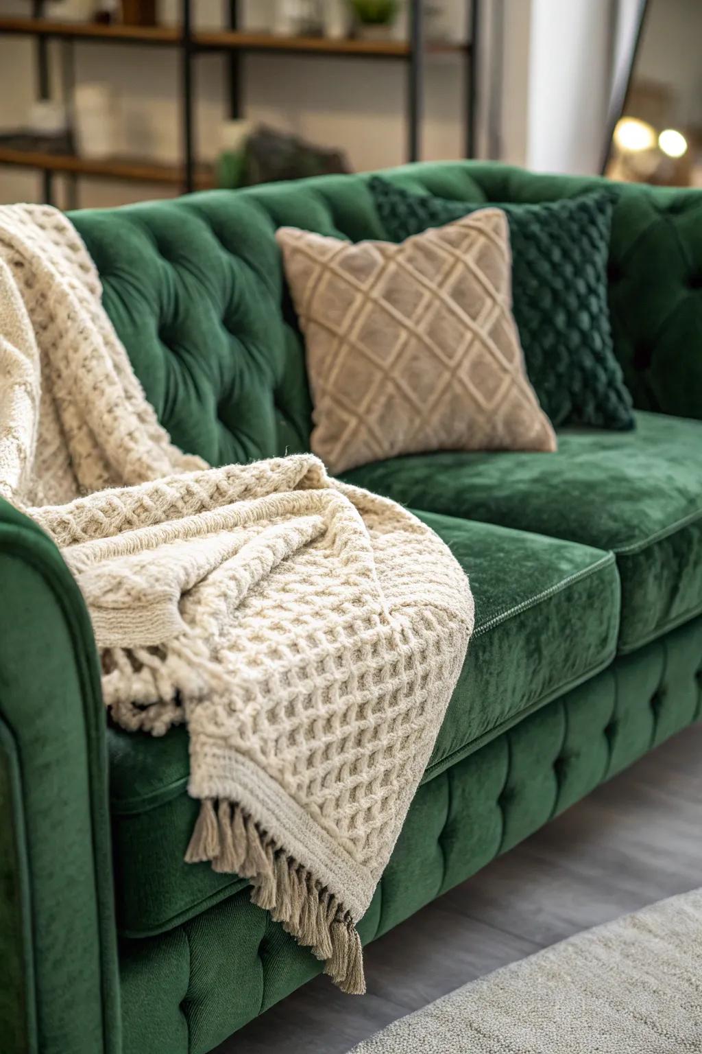 A snug family room with a verdant plush settee and layered textured throws.