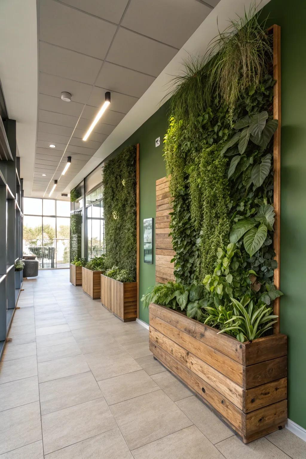 A green wall showcasing eco-friendly materials for a sustainable aesthetic.