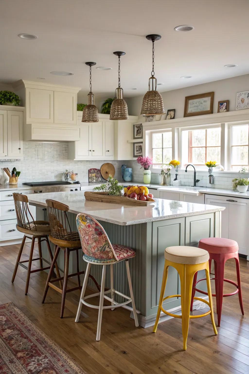 Eclectic varied seating designs in a modern kitchen