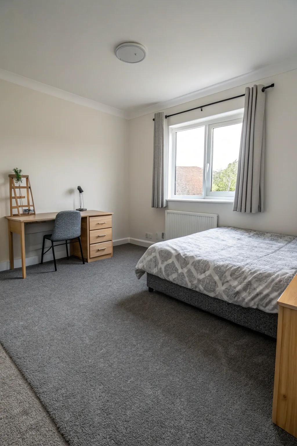 This minimalist design allows the grey carpet to be the focal point of the room.