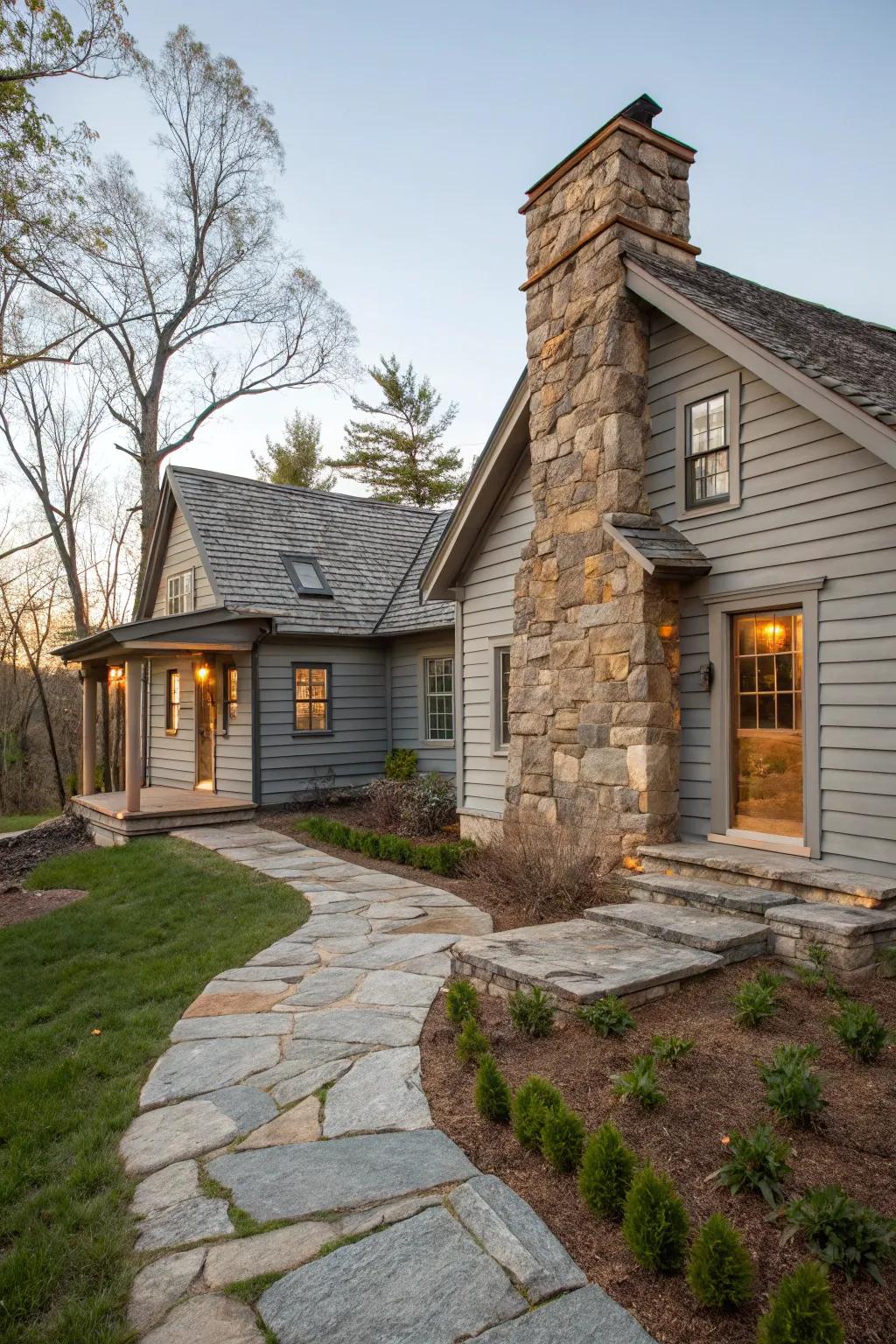 Rustic stone elements impart an earthy dimension to grey exteriors.