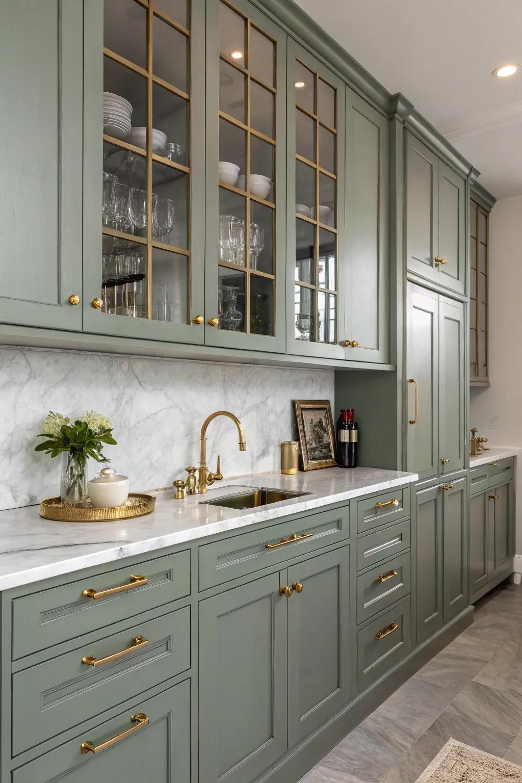 Gilded accents bring understated luxury to grey-green cabinets.