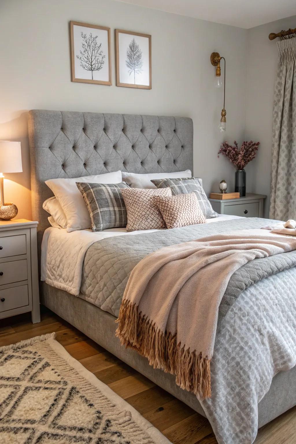 Multilayered textures incorporate depth and warmth in a bedroom design that features a slate-toned headboard.