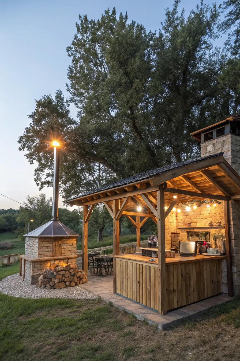 An eco-friendly grill gazebo featuring sustainable materials and solar-powered lights.