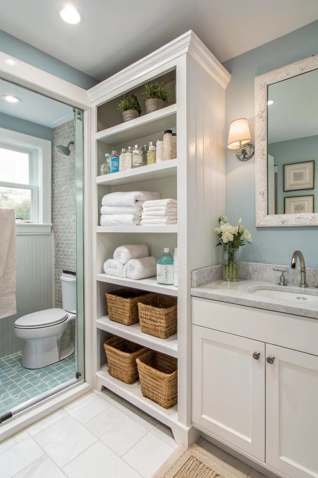 A guest bath with creative storage solutions, showcasing built-in racks.